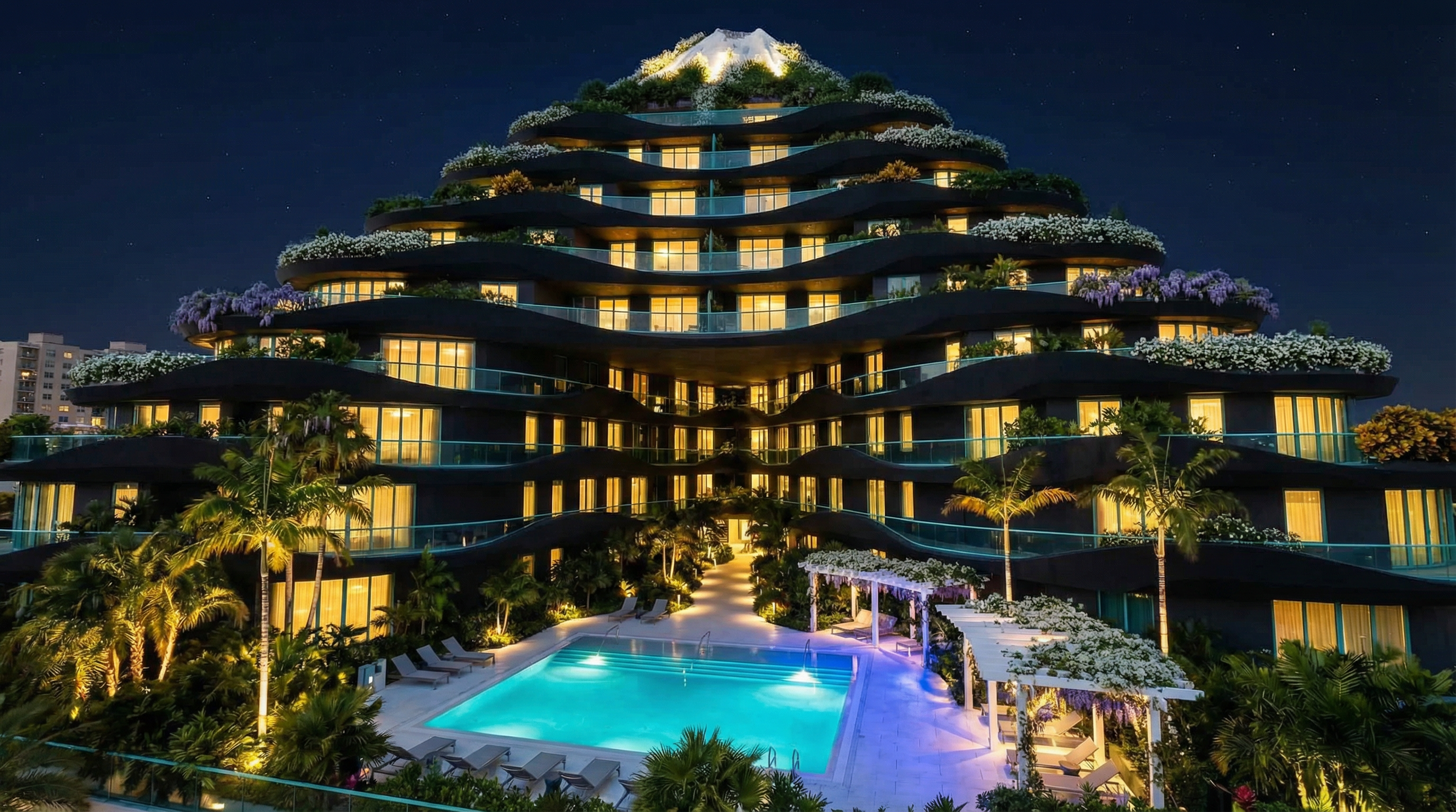 Biophilic building at night