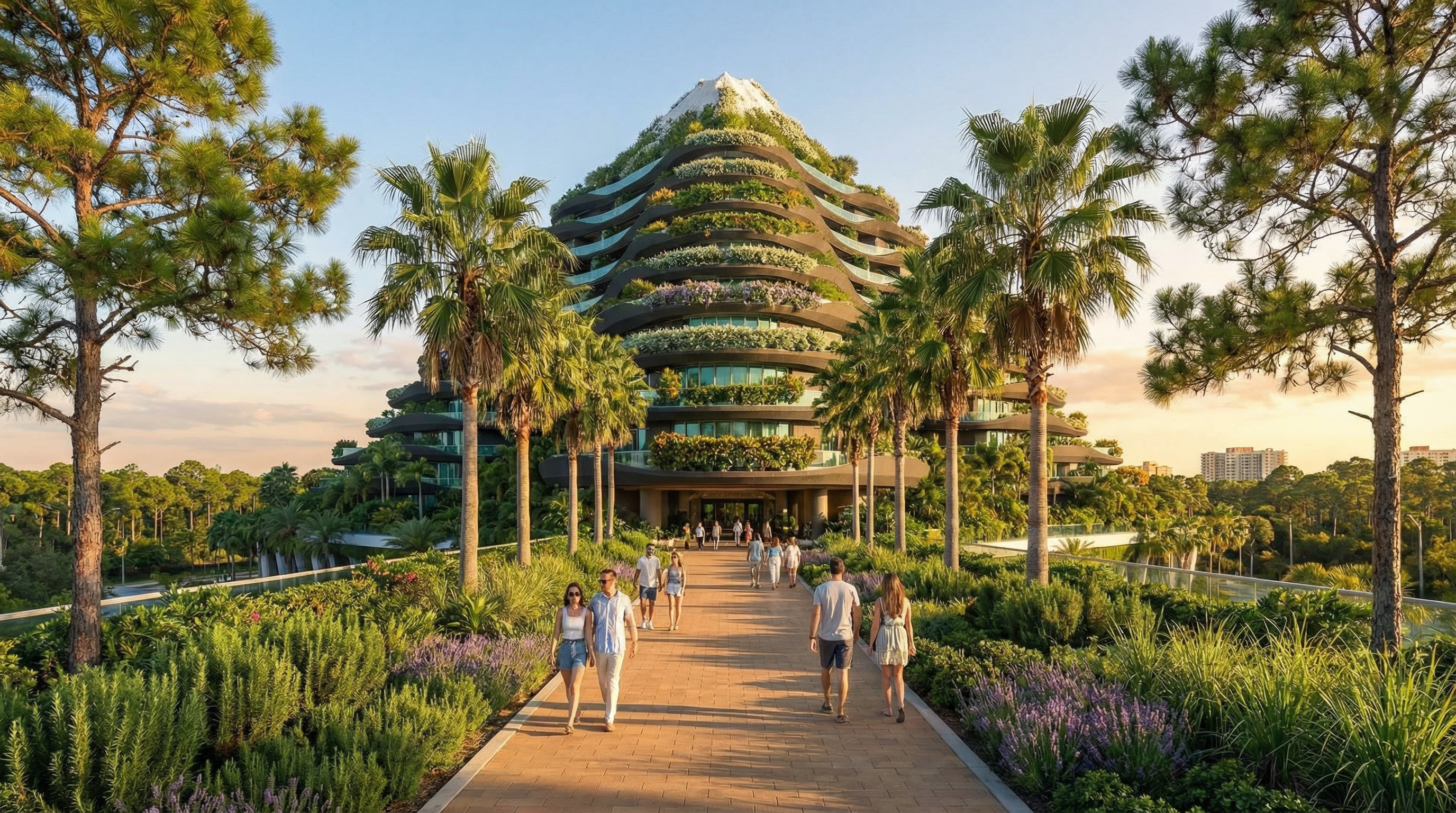 Building entrance with landscaped gardens